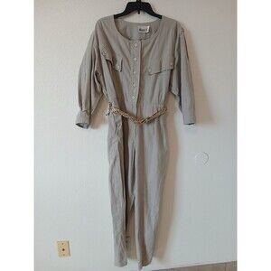 ACT I Womens Jumpsuit Beige Button Up Zipper Pockets 3/4 Sleeve Belt 90’s M